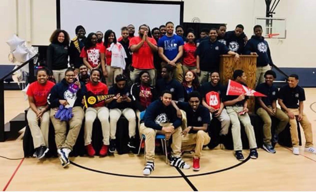 MAS Seniors Smiling for picture at College Acceptance Celebration