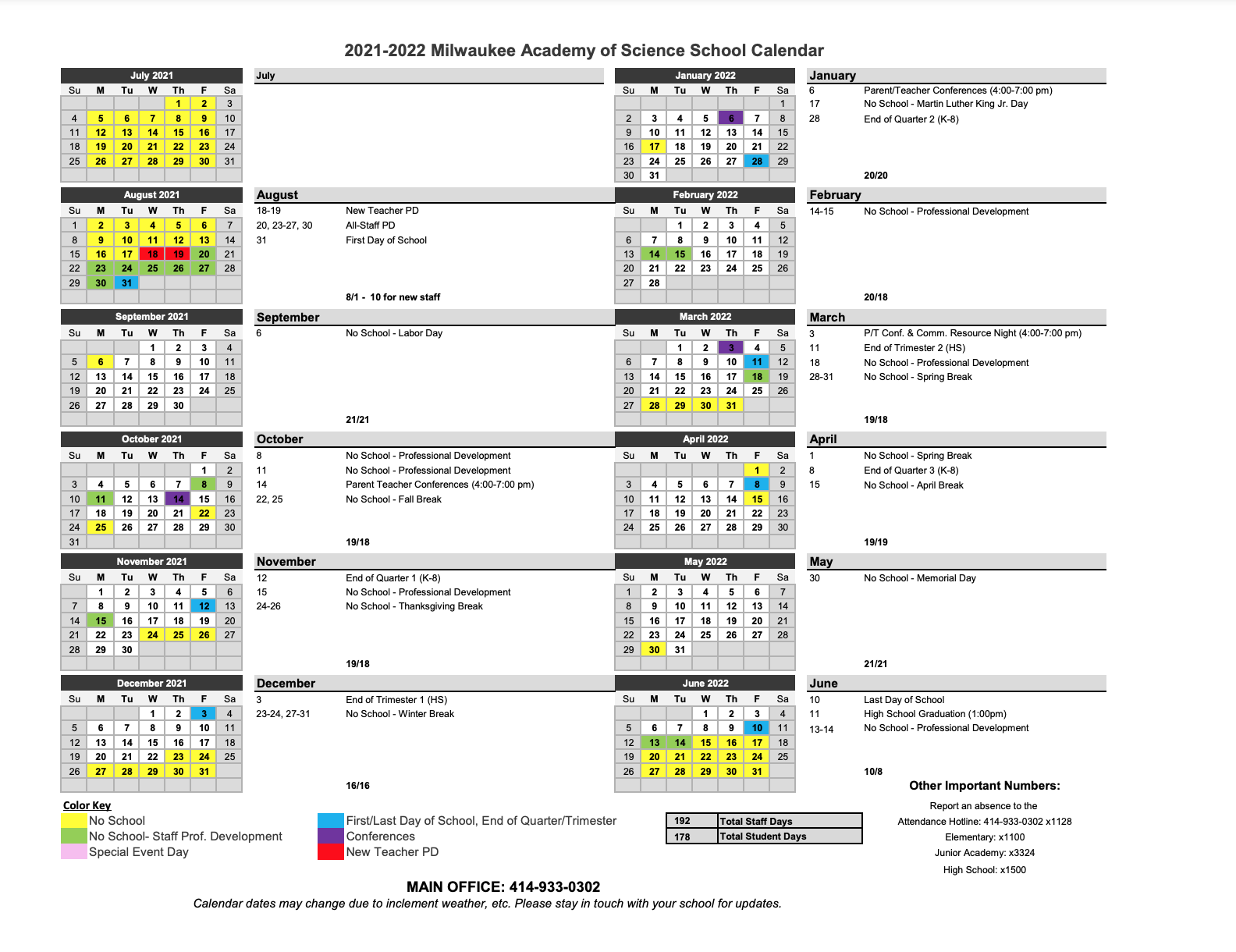 Milwaukee Academy of Science 20212022 School Calendar