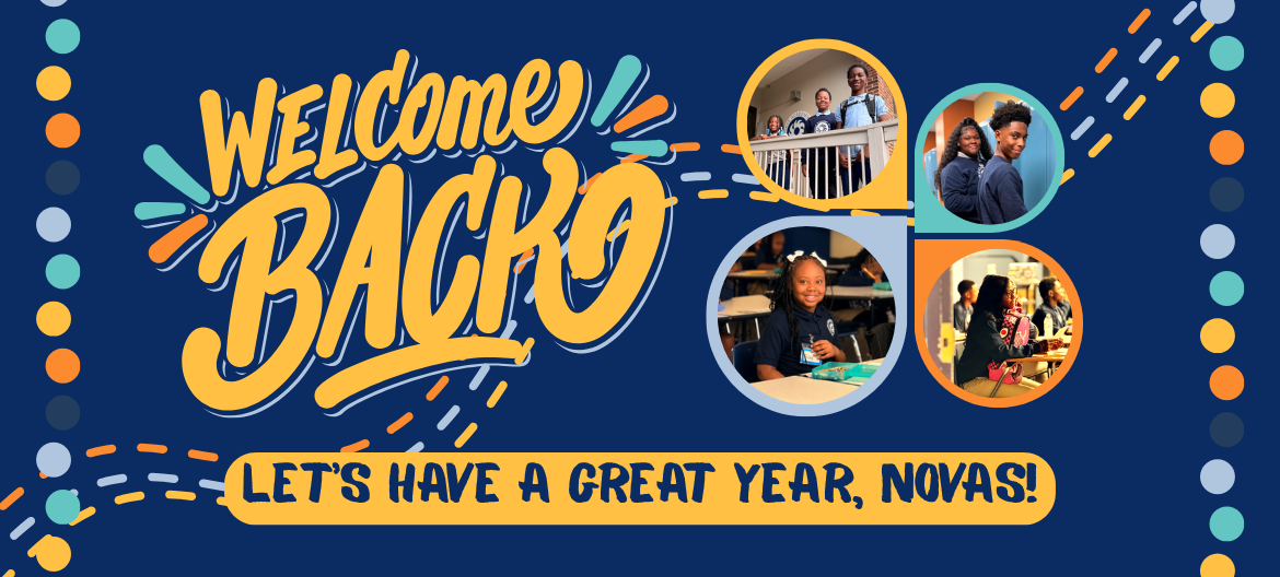 Hero banner in dark blue with colorful circles along the border. In gold font: 